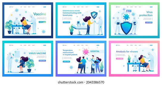 Collection of landing pages. Work of medical personnel during the epidemic, vaccines, vaccination of the population, immunity. 2D characters