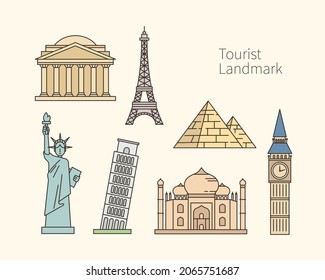 Collection of landmark icons of famous tourist destinations. flat design style vector illustration.