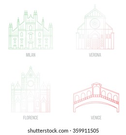 Collection of landmarks of Italy made in vector. Cathedral "Duomo" in Milan, Church "Santa Croce", bridge "Rialto" in Venice, "Basilica San Zeno Maggiore". Line Style. Perfect icon for for postcard.