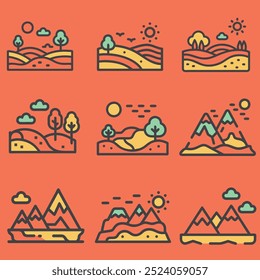 Sammlung von Landschaft einschließlich Berge und schlichte Landschaft