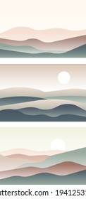 Collection of landscape with Japanese wave. Beige, brown, yellow, green gray and white. Mountains and sandy dunes. Nature and ecology. Horizontal orientation. For social media, post cards and posters