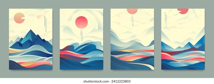 A collection of landscapes in an abstract style. Waves against the background of the sun and mountains.