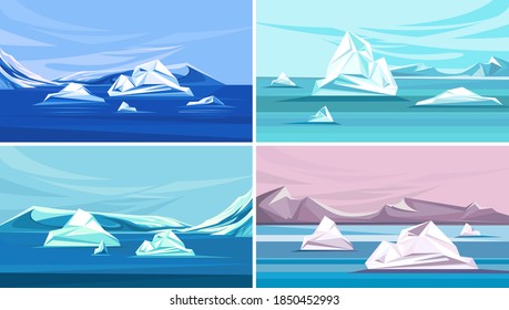Collection of landscapes with melting ice. North pole scenery.