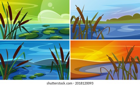 Collection of landscapes with reeds. Beautiful natural sceneries.