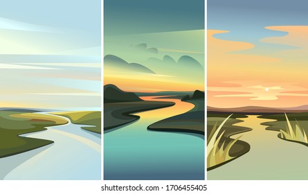 Collection of landscapes with river running among hills. Beautiful nature sceneries.