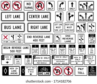 Collection Of Lane Usage And Turns Sign For Drive Safety On Highway Road. High Quality Standard Traffic Sign Collection Vector Illustrator On White Background. Road Signs In The United States.