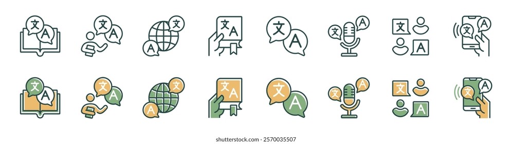 collection of language translate communication icon set global translation dictionary international multilingual service mobile vocabulary tool signs vector illustration for web and app