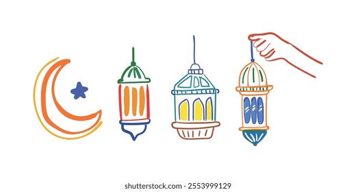 Collection of lanterns, crescent moons, Arabic motifs, abstract sketch illustrations.