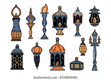 A collection of lanterns and lamps with a variety of shapes and sizes. Scene is warm and inviting, with the lanterns and lamps providing a cozy atmosphere