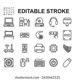 Collection of laptop and computer related icons. Thin line style vectors. Contains icons such as laptop,PC,desk and more.