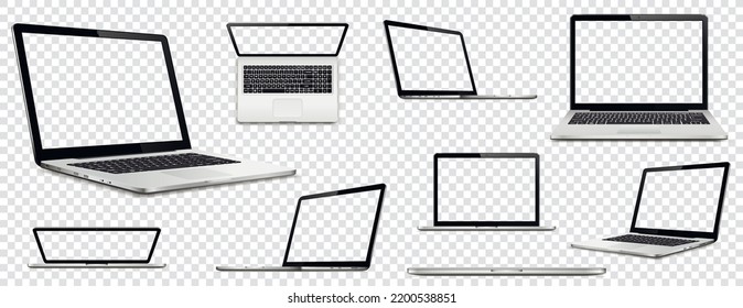 Collection laptop computers with transparent screen on transparent background. Perspective, top and front laptop view with transparent screen.