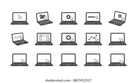 Collection of laptop computers with various icons on screens technology and computing