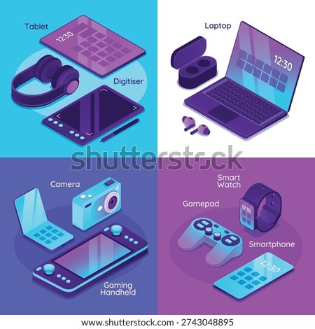 Collection of laptop tablet smartphone smartwatch camera gamepad headphones and gaming handheld arranged together in isometric style isometric 3D illustration