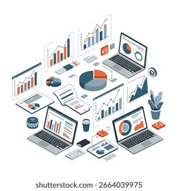 A collection of laptops, charts, graphs, and data visualizations representing business analysis and technological tools.
