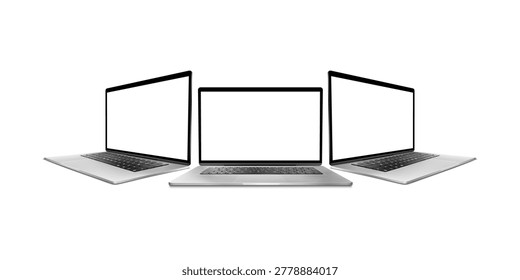 Collection of laptops with empty screens isolated on transparent background realistic 3d render for technology presentation branding and workspace mockups