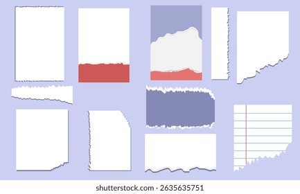 A collection of a large number of torn sheets of paper, each of which has a realistic shadow effect.Vector illustration