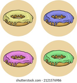 Colección de grandes donuts redondos con acristalamiento multicolor, dulces para la decoración. Ilustración vectorial para postres y postales