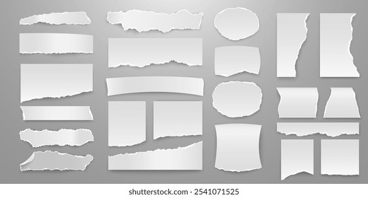 Coleção de grande conjunto de folhas de papel branco rasgado com sombras realistas e listras brancas em locais de ruptura. Ilustração em 3d vetorial.