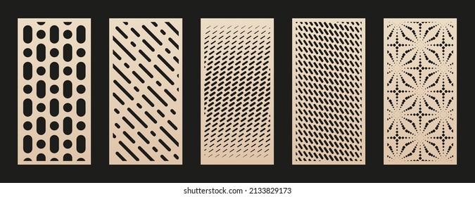 Collection of laser cut panels. Abstract geometric patterns with circles, lines, halftone effect, gradient, grid. Decorative stencil for laser cutting of wood, metal, paper, acrylic. Aspect ratio 1:2