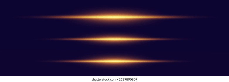 Collection of laser gold effects. Horizontal light line and neon flash.