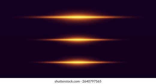 Collection of laser gold effects. Horizontal light line and neon flash.