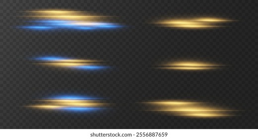 Collection of laser lines and light flares, horizontal flash effect. Vector EPS10