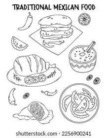 Collection Latin American traditional dishes. Mexican food Empanadas, corn tortillas, grilled meat and rice pudding with cinnamon stick. Isolated vector linear hand drawings doodles