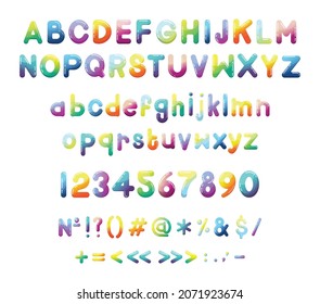 Collection of latin letters, numbers and punctuation marks. English alphabet. Colorful bubble font.