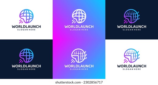 Collection of Launch World logo design. globe world with growth launch design graphic vector illustration. Symbol, icon, creative.