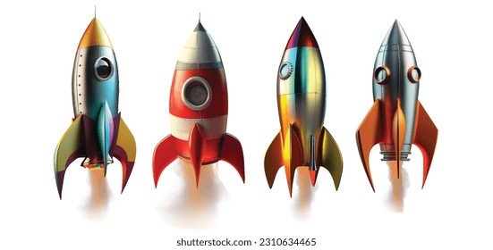 A collection of launched cartoon rockets isolated on clear white background, made of precious metal. Successful start concept.