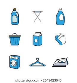 Uma coleção de roupas e materiais de limpeza são exibidos, incluindo detergente, máquina de lavar, luvas, ferro, cabide, cesta, secador de roupas e contêiner, todos isolados em um branco limpo