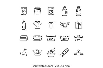 Collection of laundry icons: washing machines, detergent bottles, clothesline with garments, temperature settings, and laundry accessories in a simple line art style.