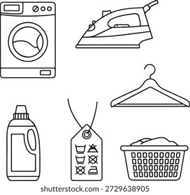 Collection of laundry items including washing machine iron detergent bottle wooden hanger care symbols clothing in basket and clothes for cleaning and garment care household and domestic chores