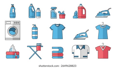 Collection of laundry room essentials and clothing care items illustrated in a flat design style