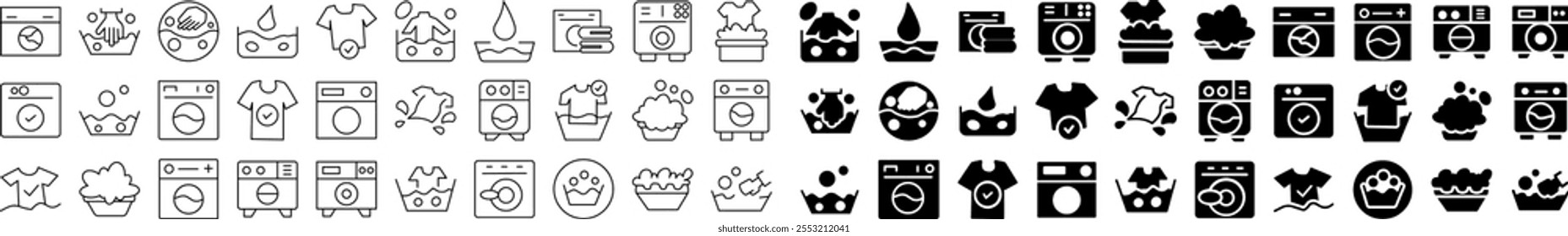 Collection of laundry and washing icons featuring washing machines, clothes, water, detergent, bubbles, and care symbols. Clean line art and bold styles for household, cleaning.