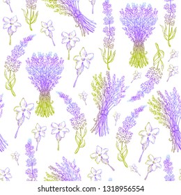  Collection of lavender flowers. Floral spring ornament. Wrapping paper. A pattern of lavender flowers, seamless. Wallpaper. Printing on textiles, paper. Design of napkins, towels, packaging.