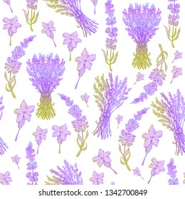  Collection of lavender flowers. Floral spring ornament. Wrapping paper. A pattern of lavender flowers, seamless. Wallpaper. Printing on textiles, paper. Design of napkins, towels, packaging.
