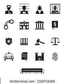 Collection of law enforcement glyph icons. Criminal justice symbols