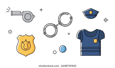 Collection of law enforcement officer symbols including badge handcuffs whistle uniform and cap for security and justice concepts
