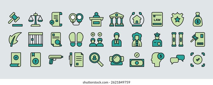 Collection Of Law And Judgement Icons Featuring Gavel Scales Justice Courtroom Legal Symbols In A Cohesive Set