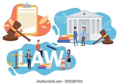Collection of law justice composition concept. Weights, courthouse, lawyer and lawyer hammer symbol.lawyer. Vector illustration in cartoon style.