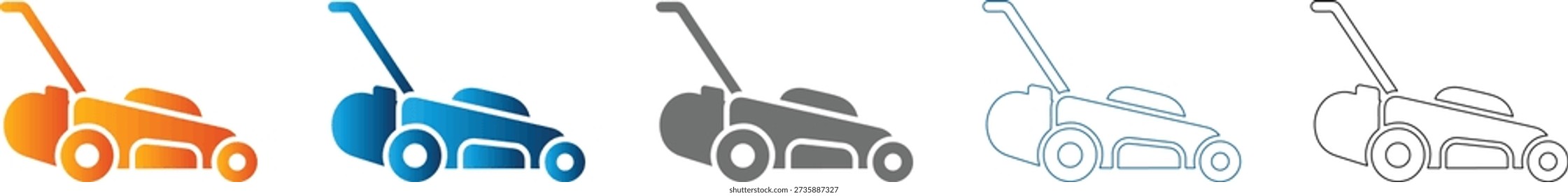A collection of lawn mower icons in various styles, including flat icon, solid black, vector, and isolated on white background.