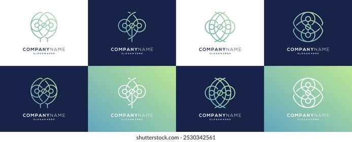 Collection of Leaf and Connection Technology logo design graphic ideas. Trendy circuit lines dot connection. Outline vector illustration based icon template.	
