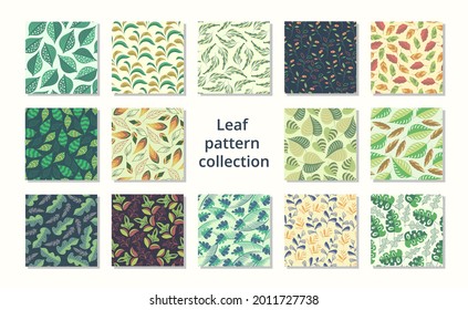 Collection of leaf patterns, colorful floral leaf pattern set, tropical vector leaf background for fabric print, textile and packaging design