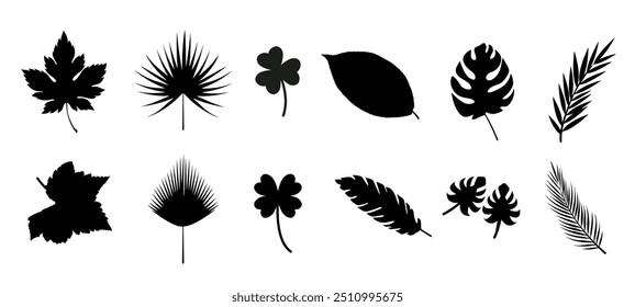 Eine Sammlung von Blattsilhouetten in verschiedenen Formen und Größen. Die Szene ist ruhig und friedlich, da die Blätter in Schwarz und Weiß dargestellt sind, was ein Gefühl der Ruhe und Stille schafft
