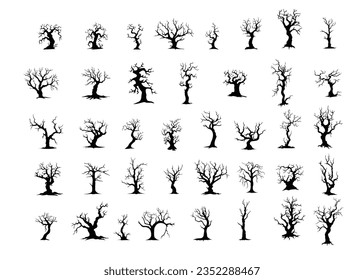  Collection of leafless dead trees in various poses, ideal for Halloween backgrounds, spooky illustrations, or eerie landscapes.