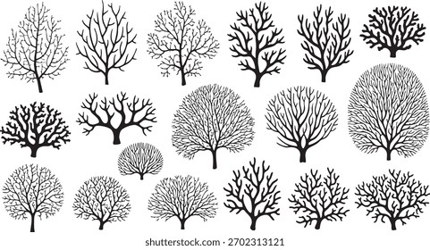 Colección de siluetas de árboles sin hojas arbustos arbustos helada invernal nieve Elementos de decoración natural.