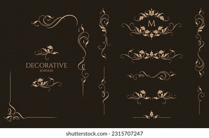 Collection of leafy borders with calligraphic elements.  Classic ornament. Graphic design pages.