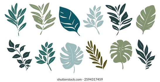 A collection of leafy plants in various shades of green. The leaves are drawn in a stylized way, with some appearing to be more delicate than others. Scene is one of tranquility and natural beauty