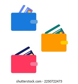 Collection of leather wallets with credit cards. Multicolored  wallet icons.  Flat vector illustration.